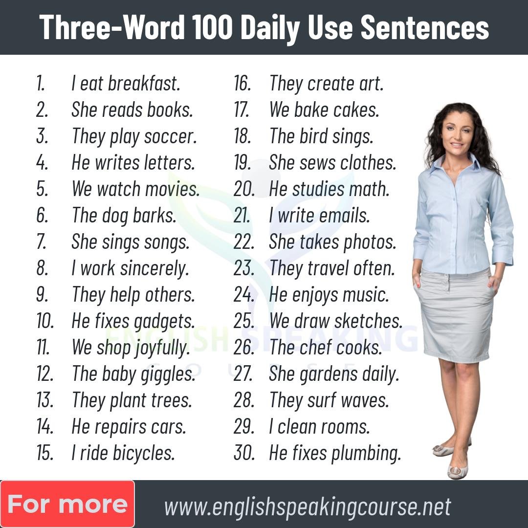 Three Word 100 Daily Use Sentences English Phrases 